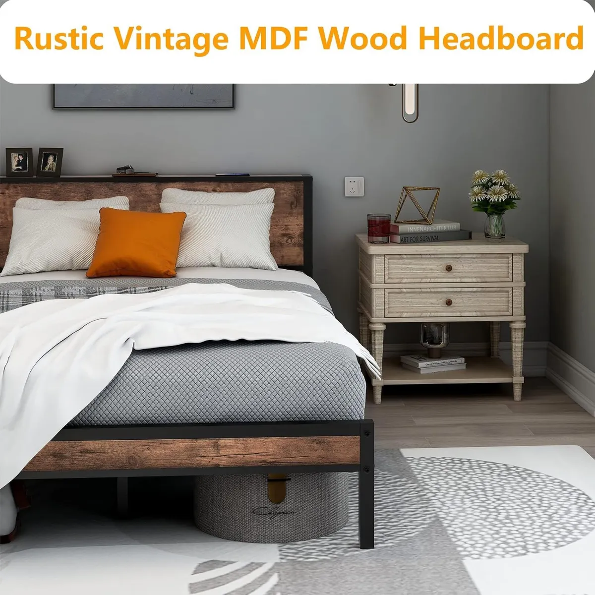 Bed Frame with Storage Headboard Metal Platform - Image 3
