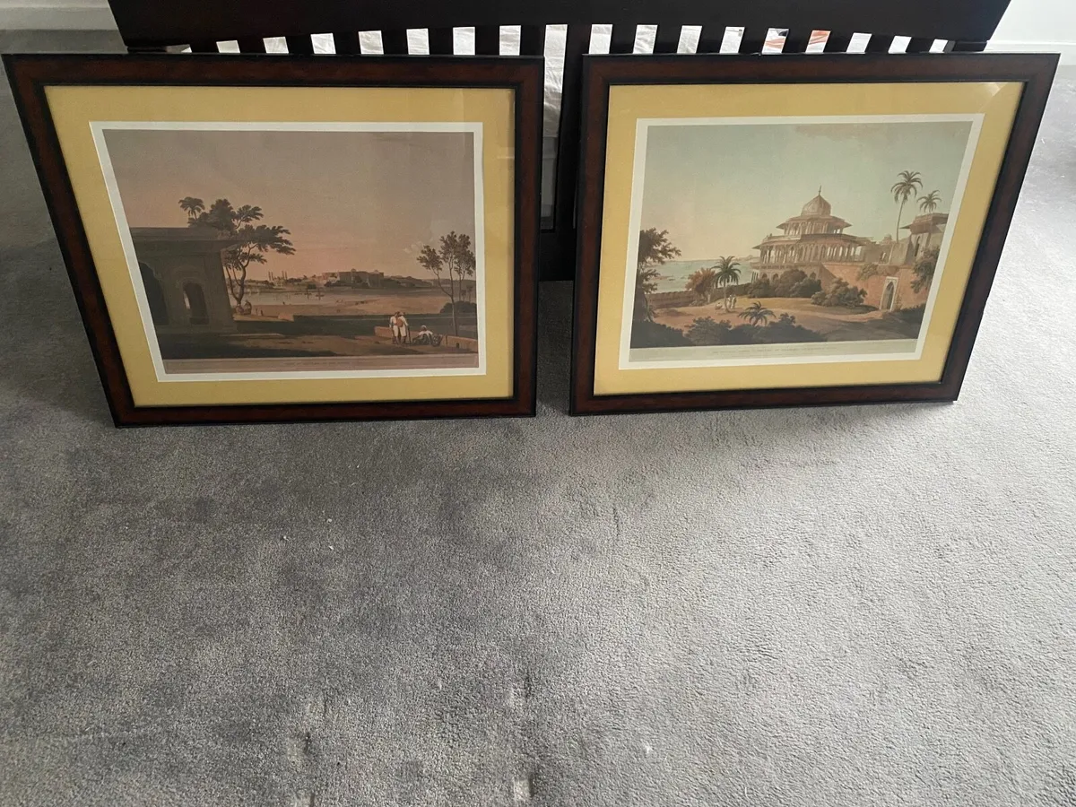 Pair of mahogany framed large prints - Image 1