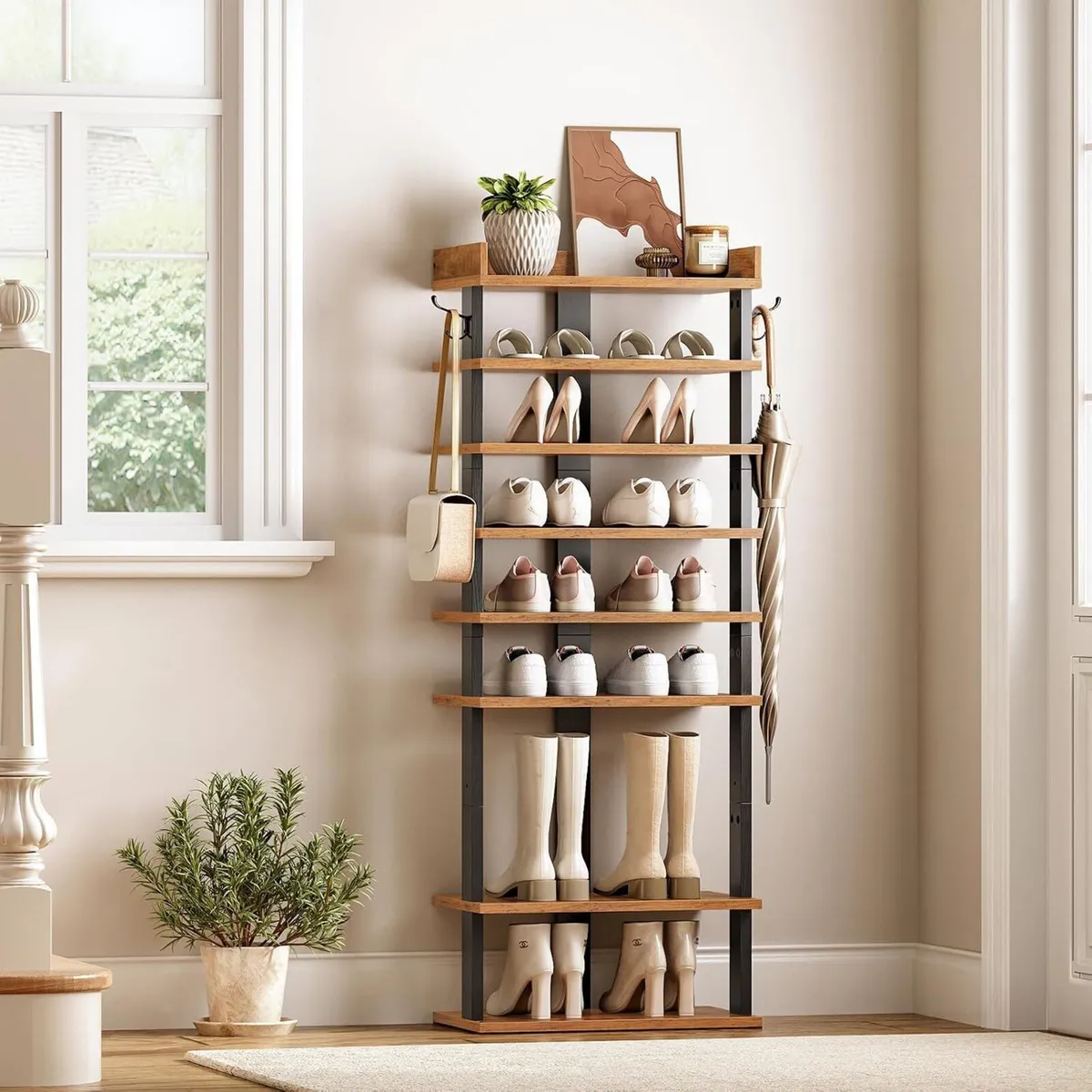 Narrow 9-Tier Tall Shoe Rack Wooden Storage - Image 2