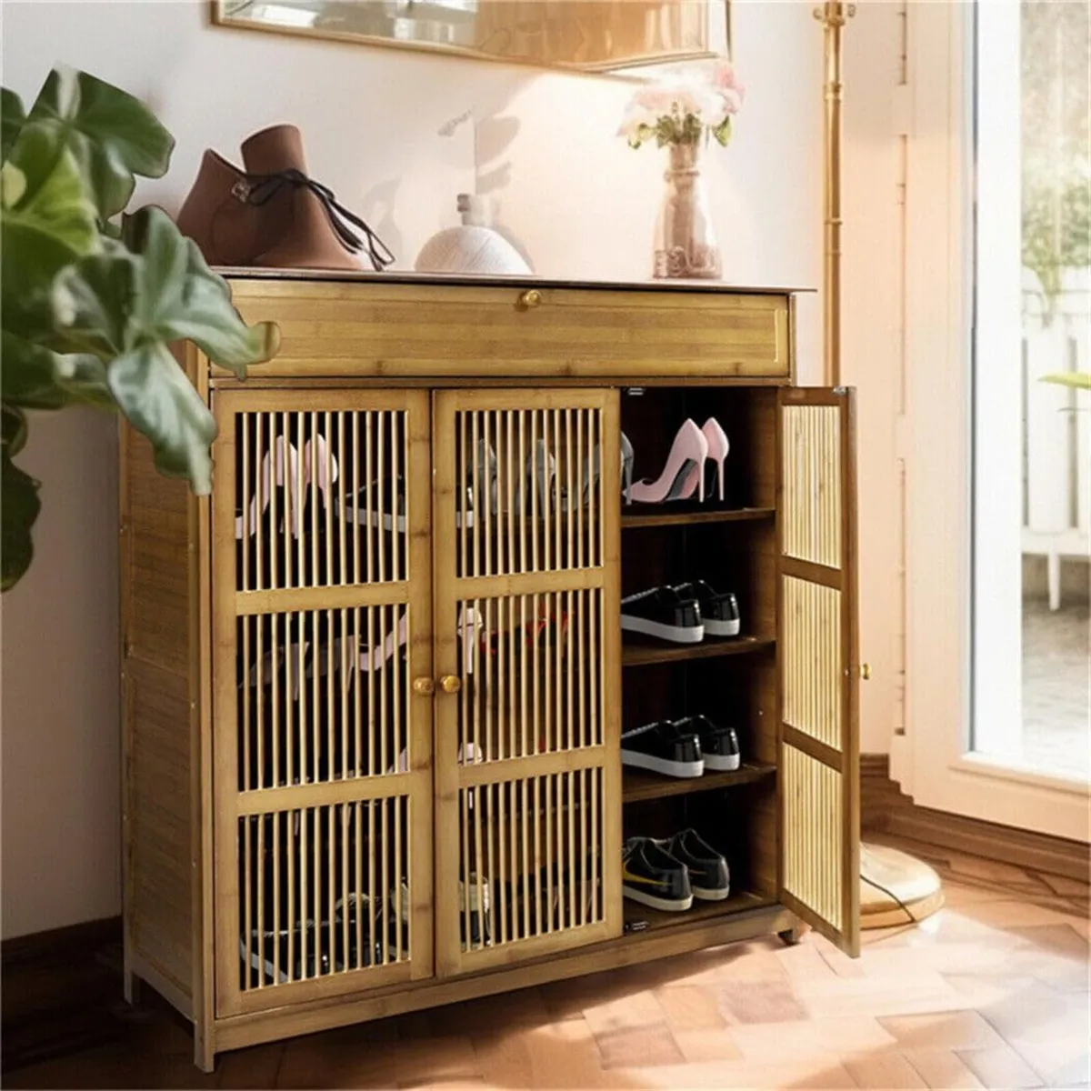 Wooden Shoe Storage Cabinet with Slatted Doors 5 - Image 1