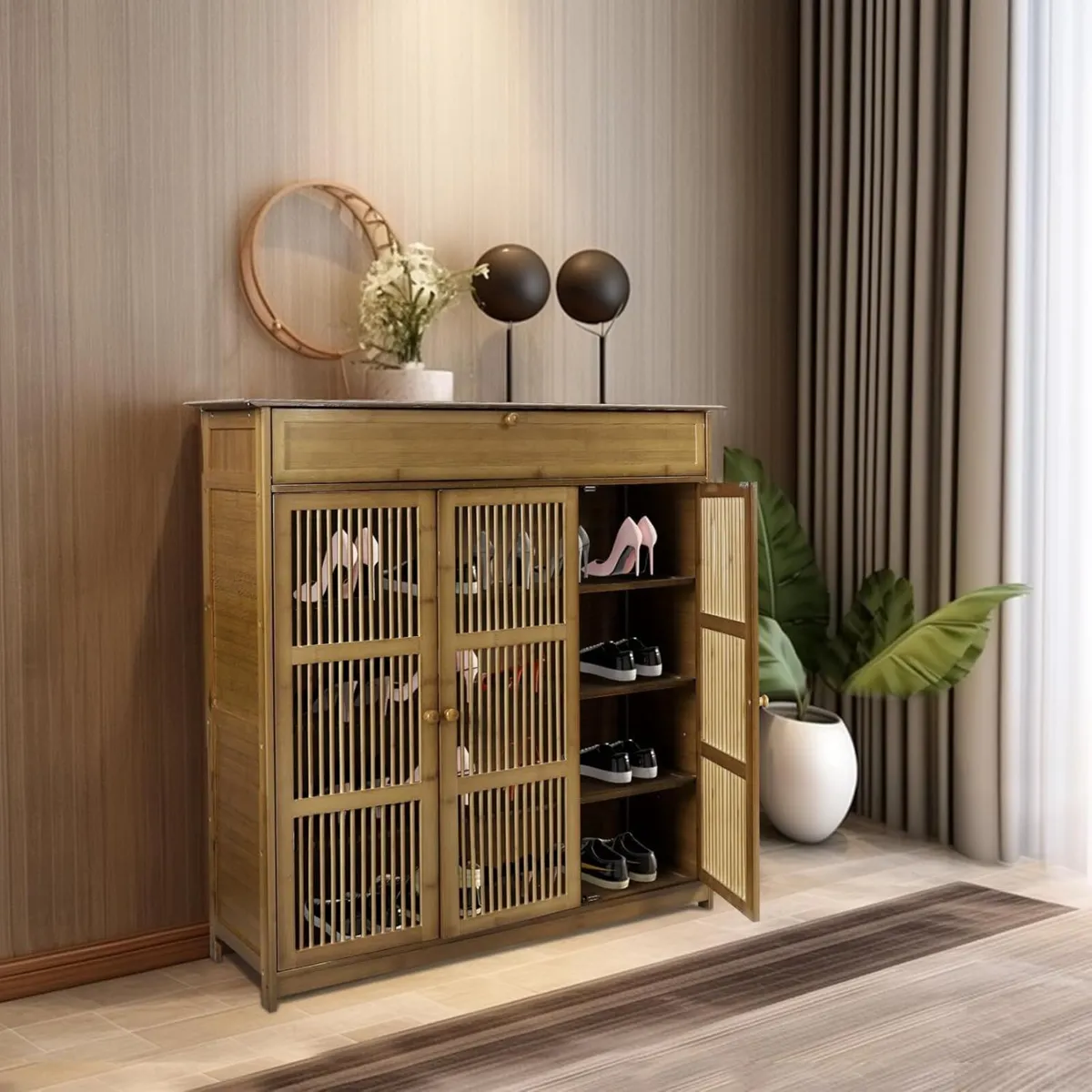 Wooden Shoe Storage Cabinet with Slatted Doors 5 - Image 3