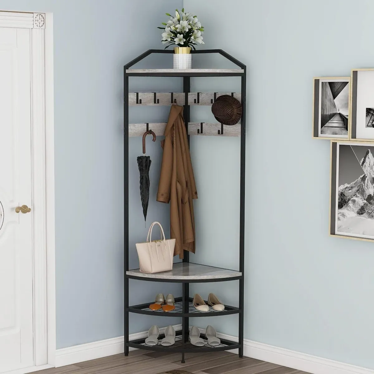 Corner Hall Tree Coat Rack with Shoe Bench - Image 3