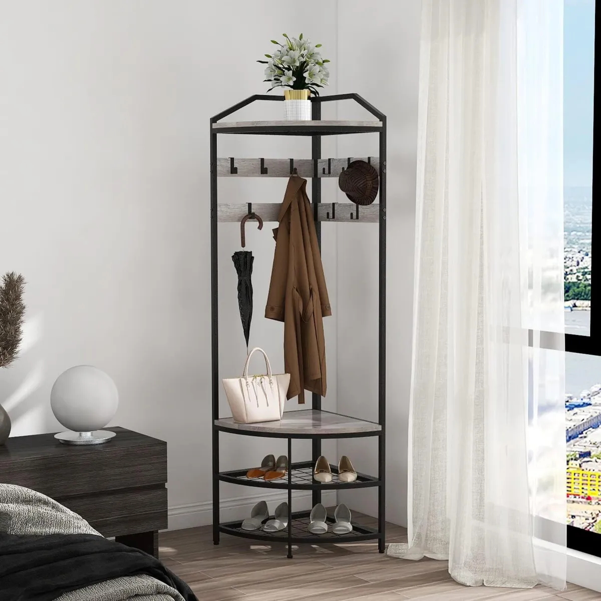 Corner Hall Tree Coat Rack with Shoe Bench - Image 4
