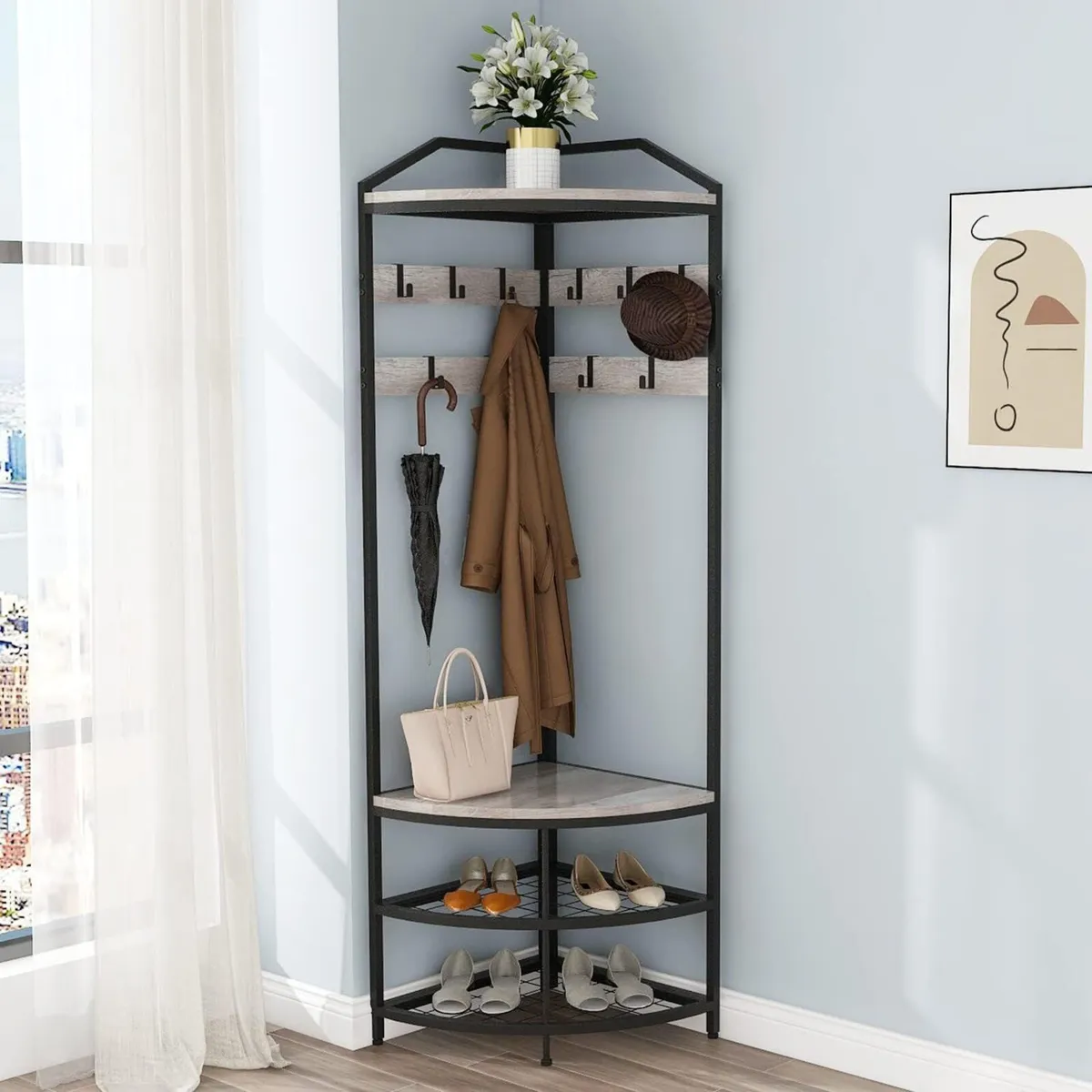 Corner Hall Tree Coat Rack with Shoe Bench - Image 1
