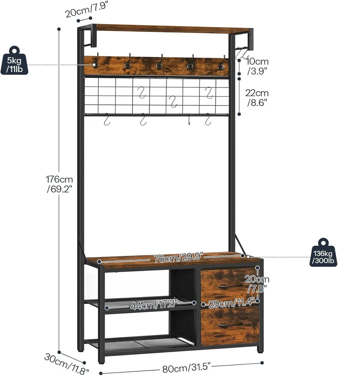 Coat Rack with Shoe Storage Bench Stand Hooks - Image 3