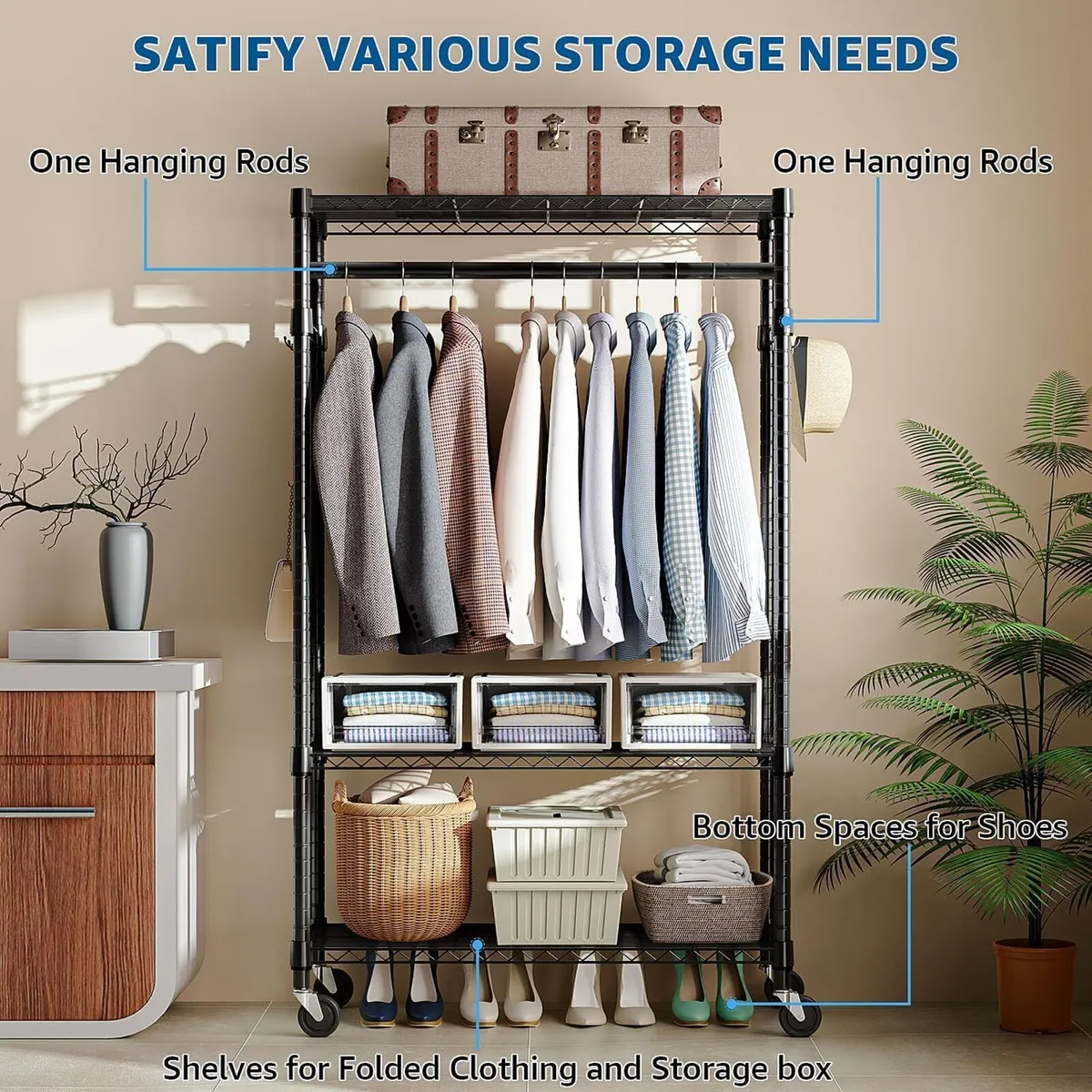 Heavy Duty Rolling Garment Rack 3 Tiers Adjustable - Image 4