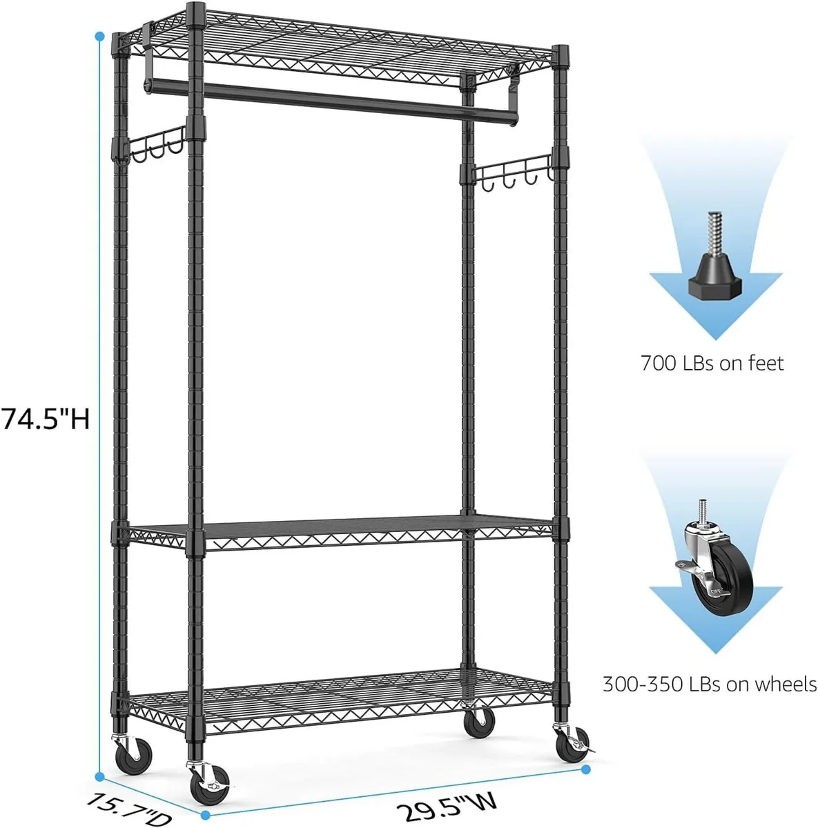 Heavy Duty Rolling Garment Rack 3 Tiers Adjustable - Image 3