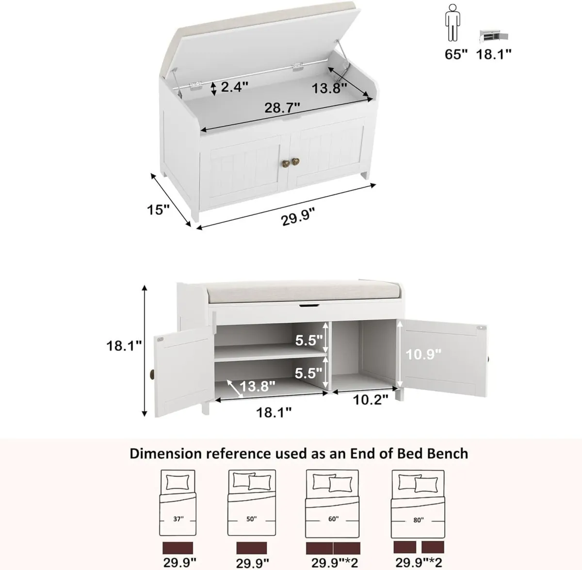 Shoe Bench Storage with Padded Seat Cushion 2-Door - Image 3
