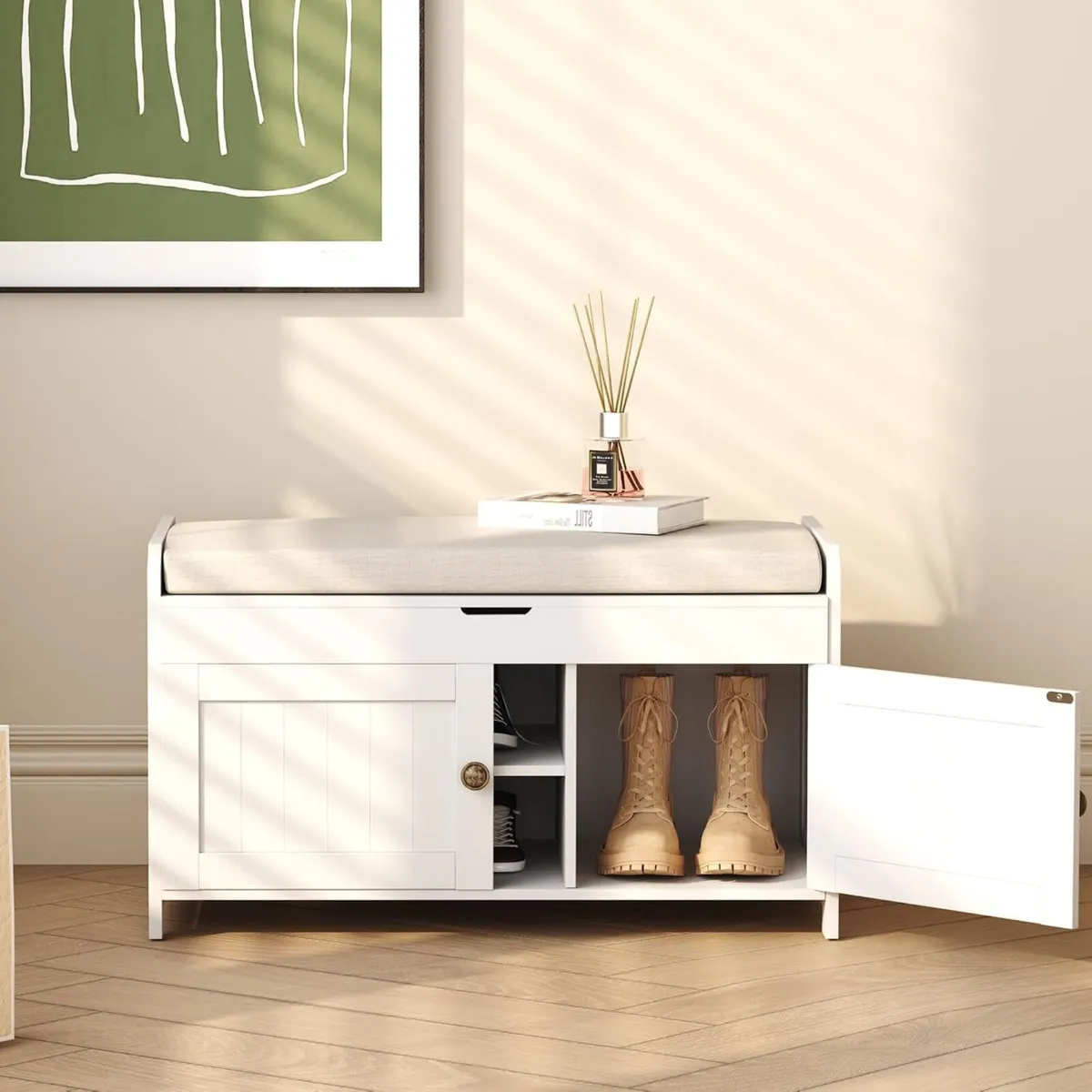 Shoe Bench Storage with Padded Seat Cushion 2-Door - Image 4