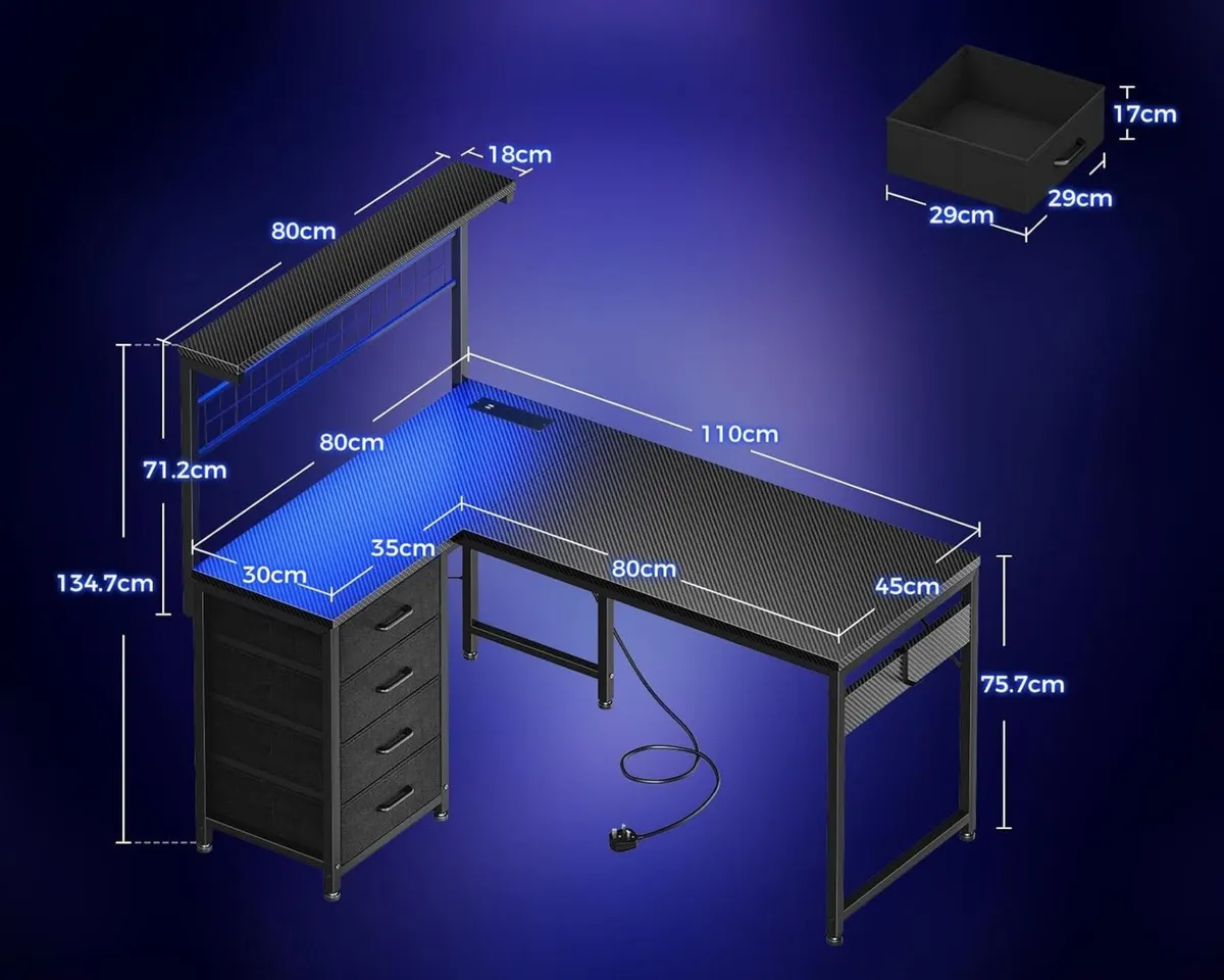 L Shaped Gaming Desk with Drawers Shelf 110 - Image 3