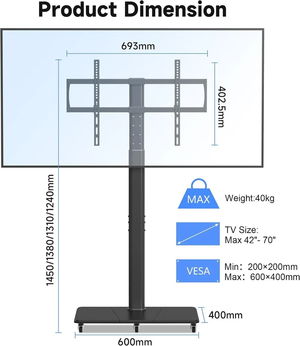 TV Stand with Wheels Height Adjustable for 42 - Image 2