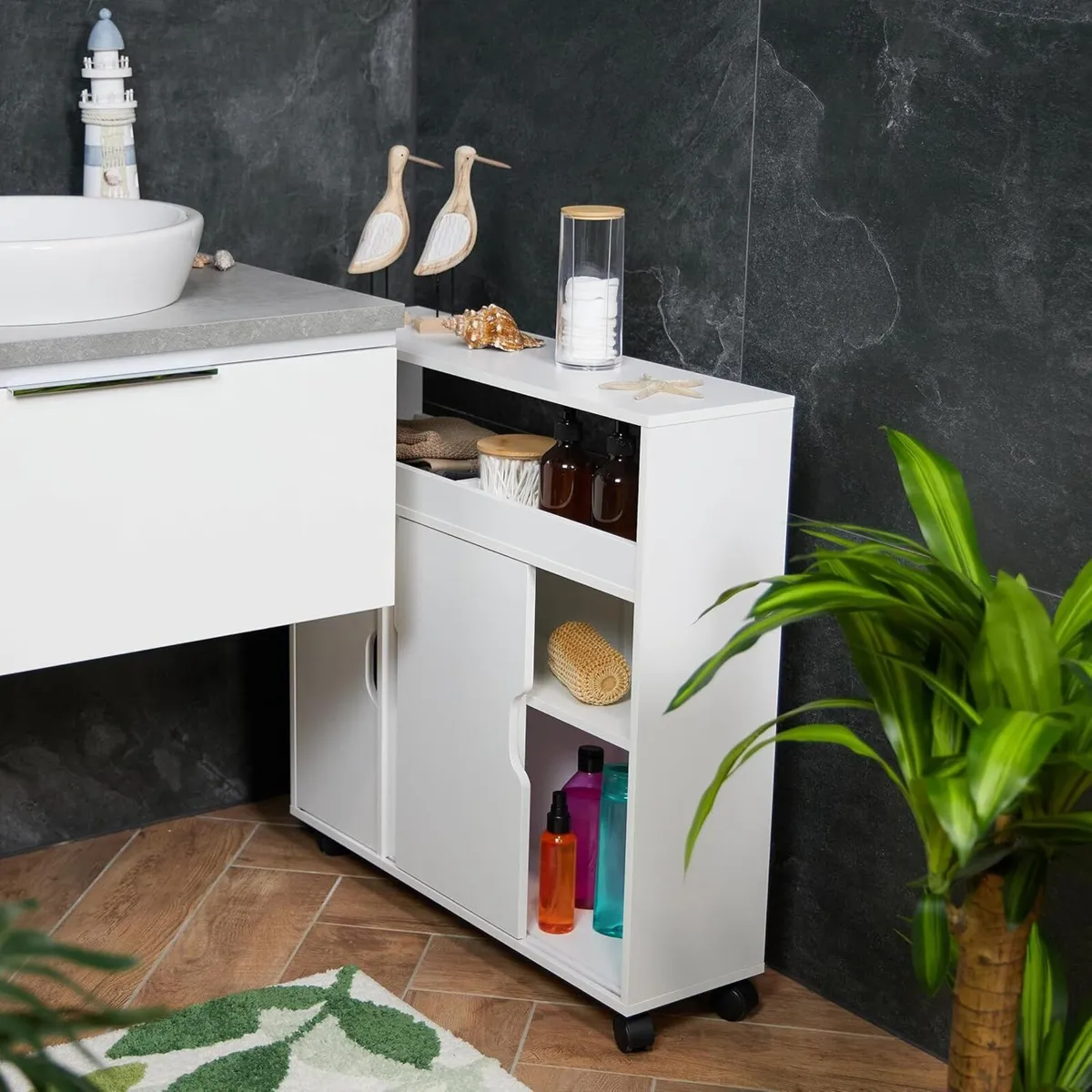 Slim Rolling Cabinet 3 Compartments 2 Shelves - Image 2