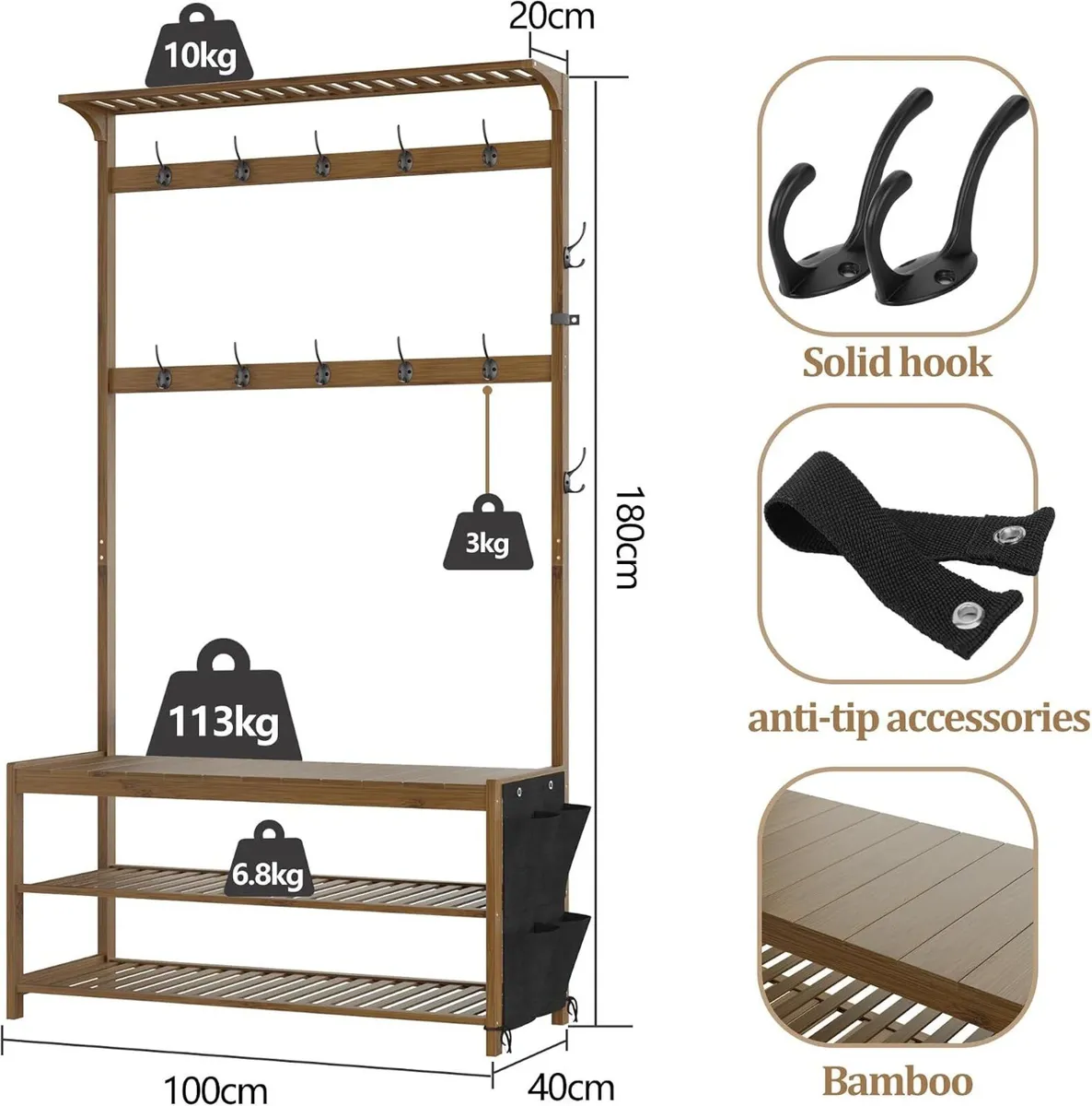 Coat Rack Bamboo Hall Tree Entryway Shoe Bench - Image 2