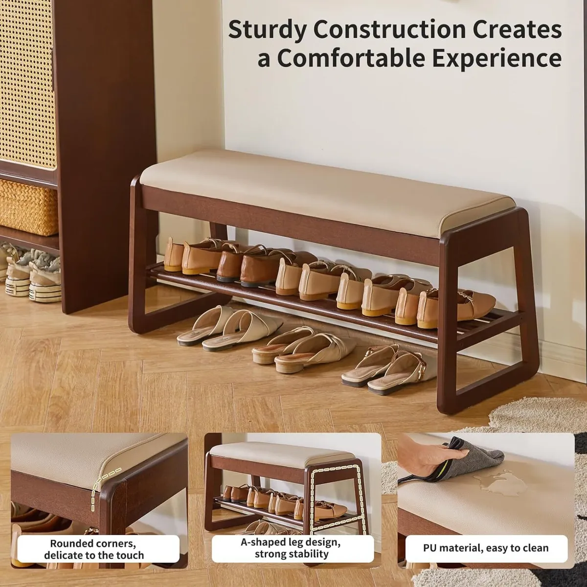 Wood Shoe Storage Bench with Cushion 2 Tier - Image 4