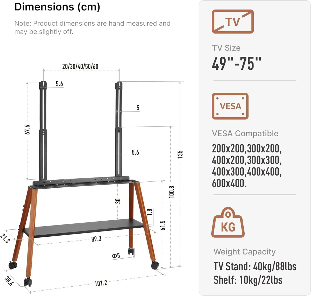 Rolling TV Stand with Wheels for 49 to - Image 3