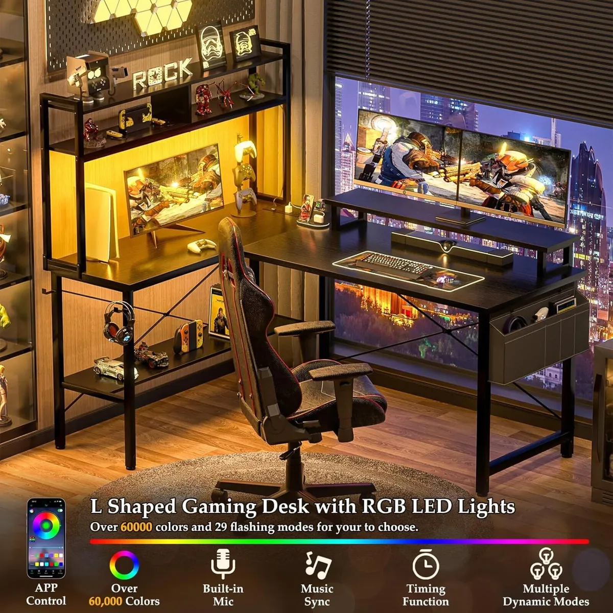 L Shaped Gaming Desk with Power Outlets LED - Image 3