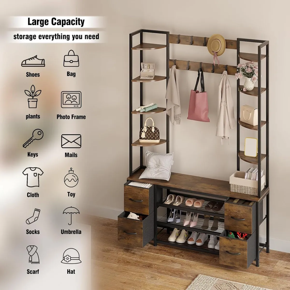 Large 5-In-1 Entryway Hall Tree with Bench Coat - Image 3