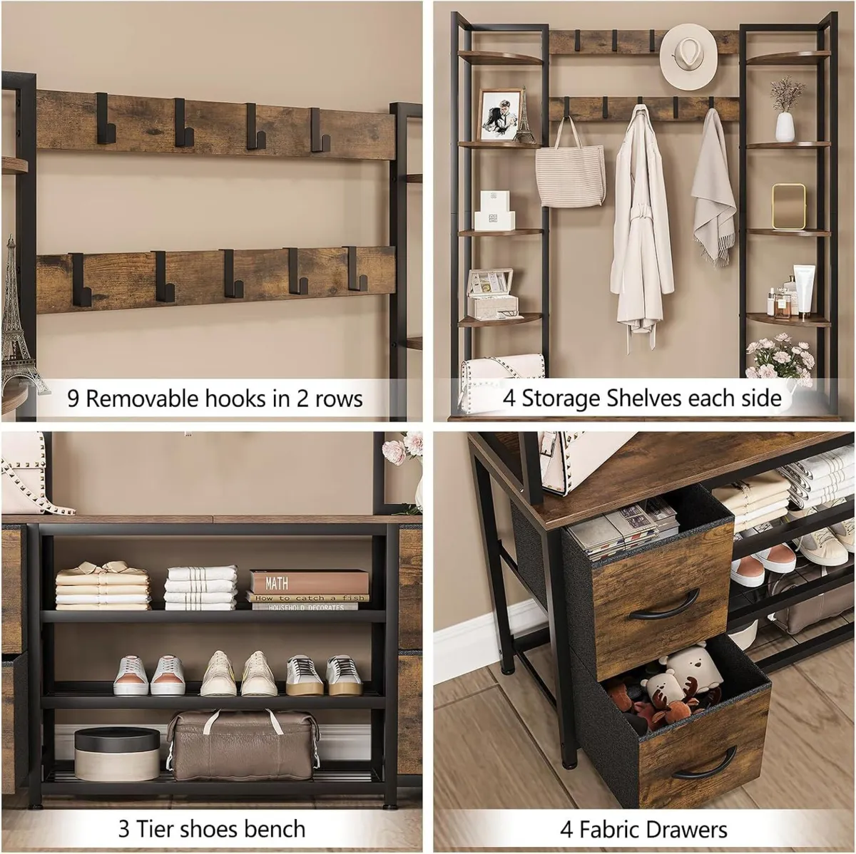 Large 5-In-1 Entryway Hall Tree with Bench Coat - Image 4