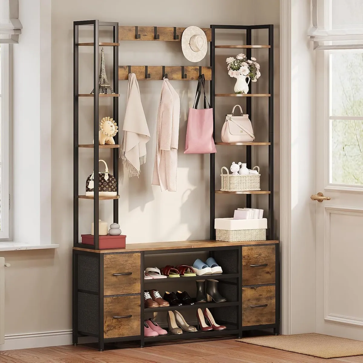 Large 5-In-1 Entryway Hall Tree with Bench Coat - Image 1
