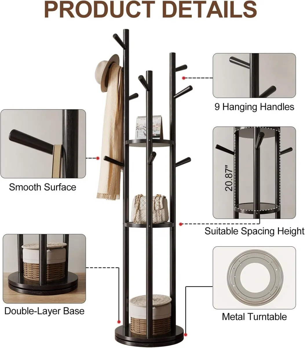 Coat Stand Woodem Rack with 3 Storage Shelves - Image 3