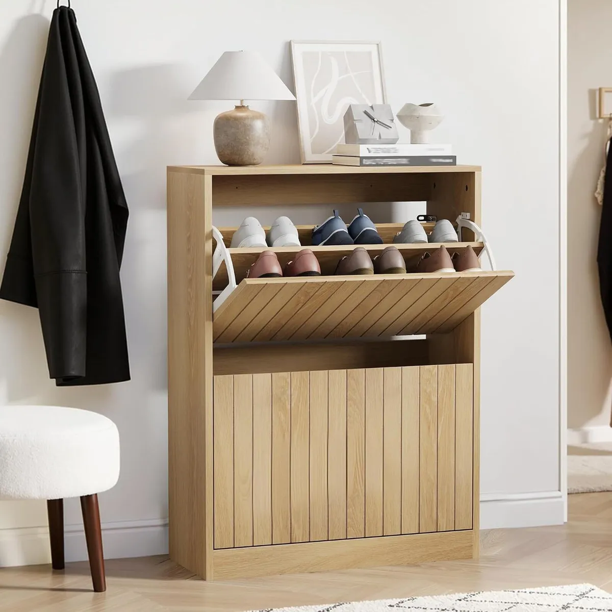 2 Tier Drawer Shoe Cabinet 80x60x24CM Wooden - Image 3