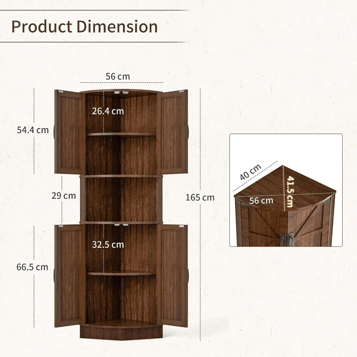 165CM Tall Corner Storage Cabinet with Barn Doors - Image 2