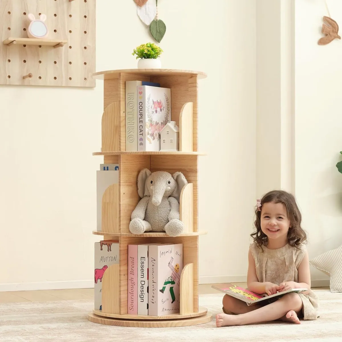 Pine Wood 4 Tier Rotating Bookshelf Tower - Image 1