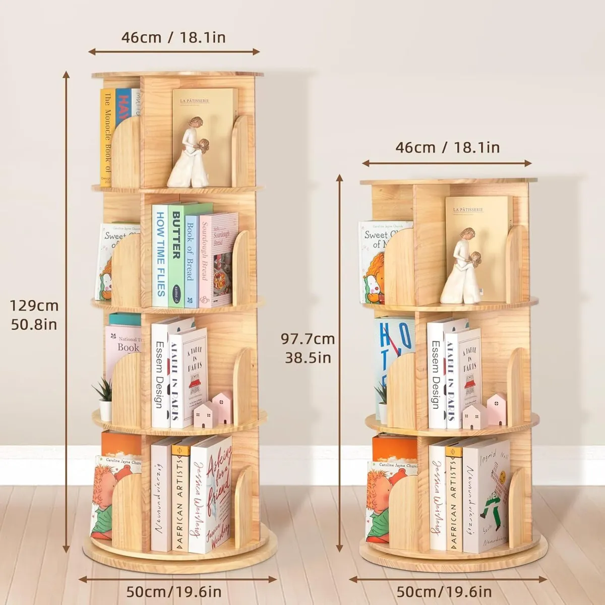 Pine Wood 4 Tier Rotating Bookshelf Tower - Image 2