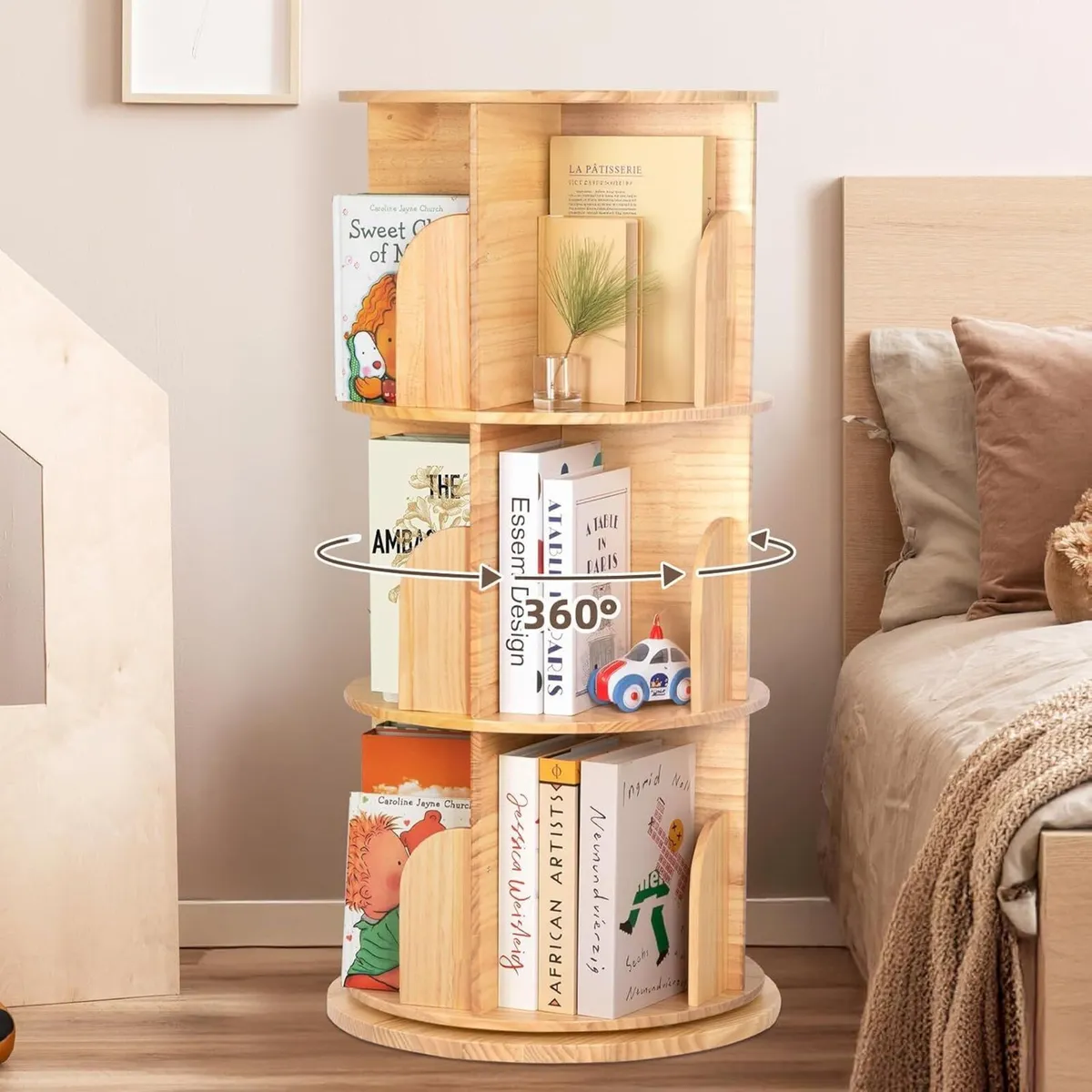 Pine Wood 4 Tier Rotating Bookshelf Tower - Image 3