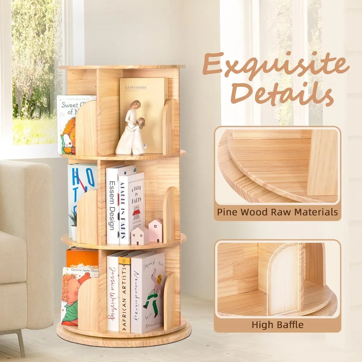 Pine Wood 4 Tier Rotating Bookshelf Tower - Image 4