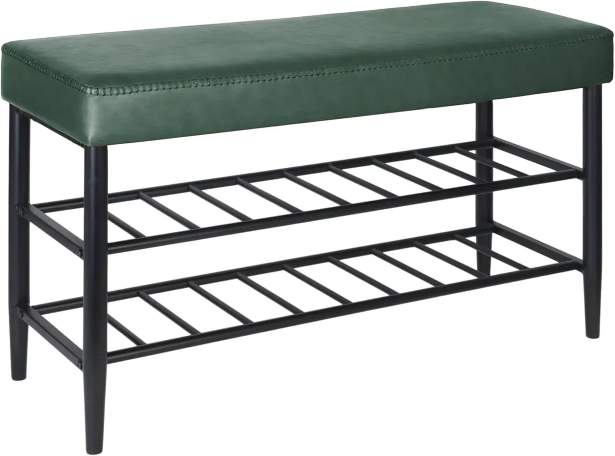 Shoe Bench Padded Faux Leather Seat 2 Shelves - Image 1