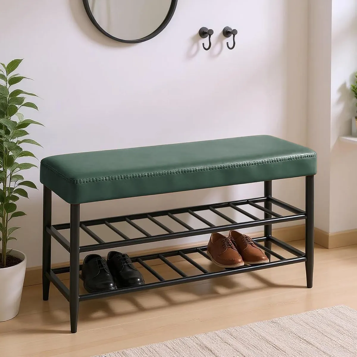 Shoe Bench Padded Faux Leather Seat 2 Shelves - Image 4
