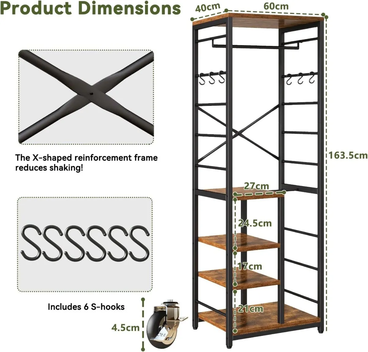 Coat Rack Stand on Wheels with 6 Hooks - Image 3