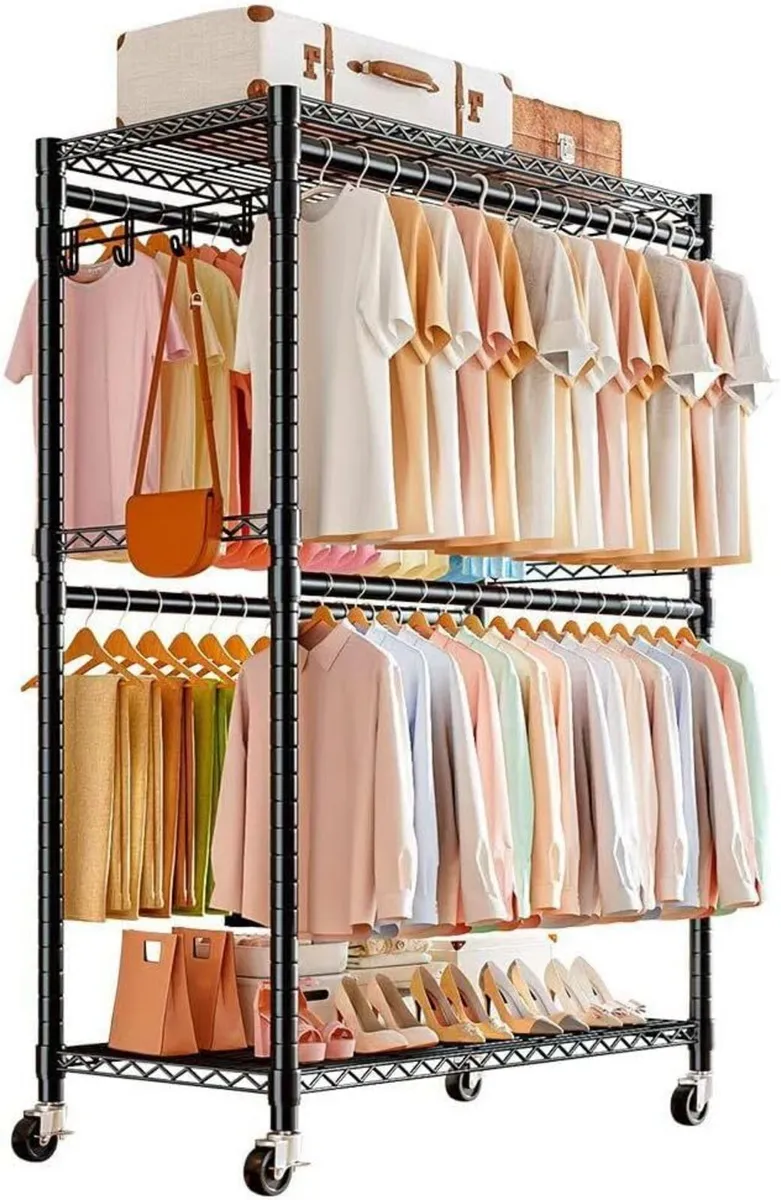 Clothes Rail Rack with 4 Rods Wheels 2 - Image 1