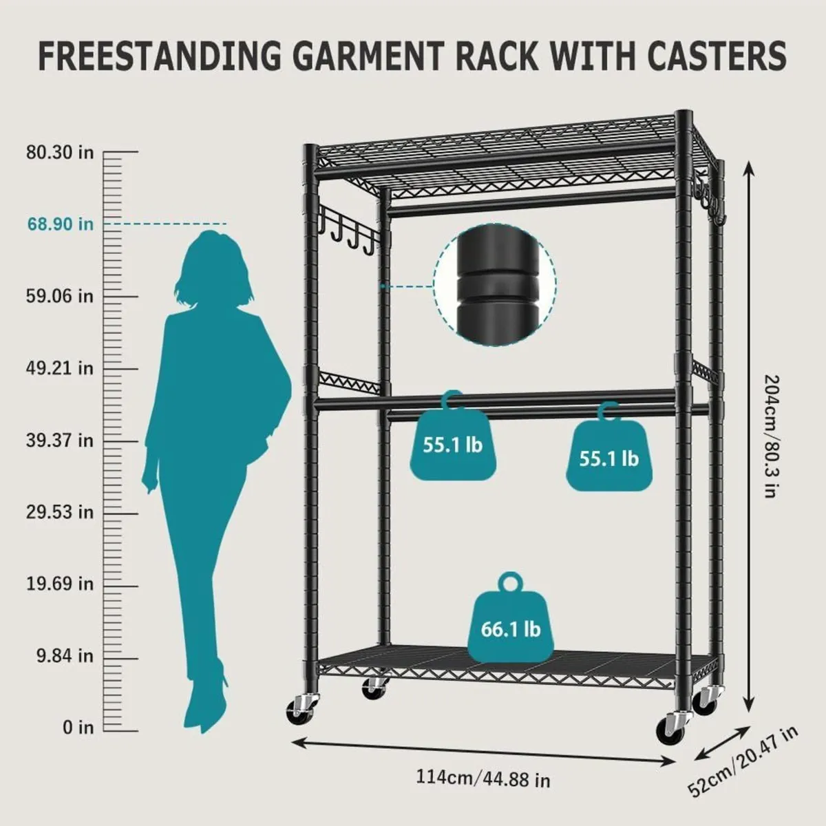 Clothes Rail Rack with 4 Rods Wheels 2 - Image 2