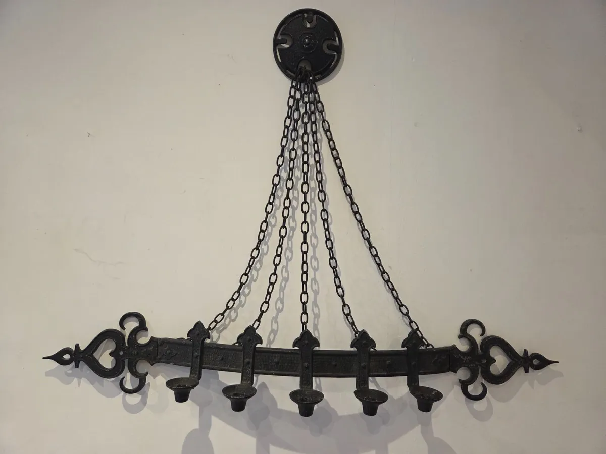 Vintage Wrought Iron Five-Light Hanging Candelabra - Image 3