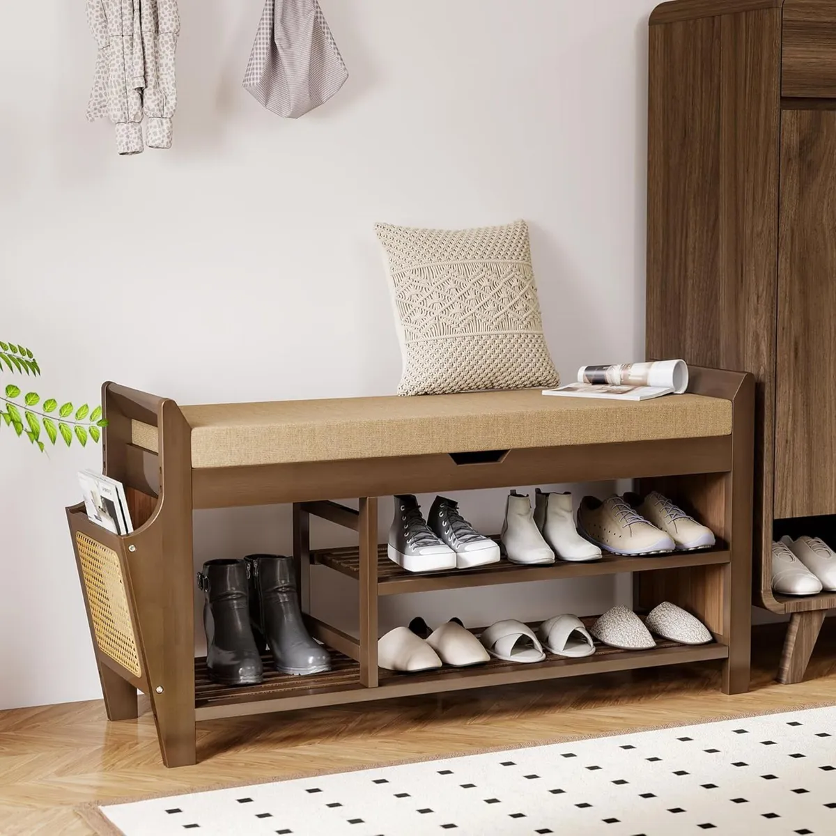 Shoe Storage Bench Bamboo with Padded Seat Cabinet - Image 2