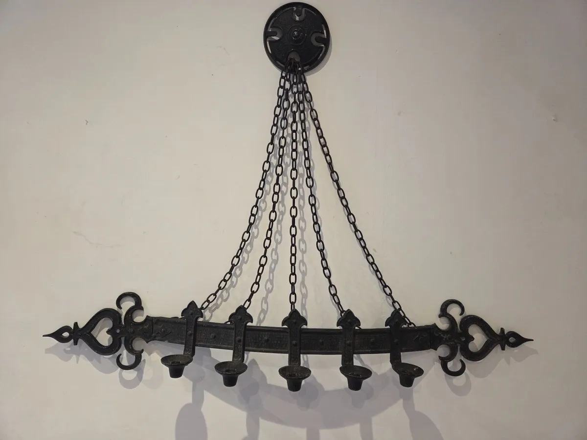 Vintage Wrought Iron Five-Light Hanging Candelabra - Image 4