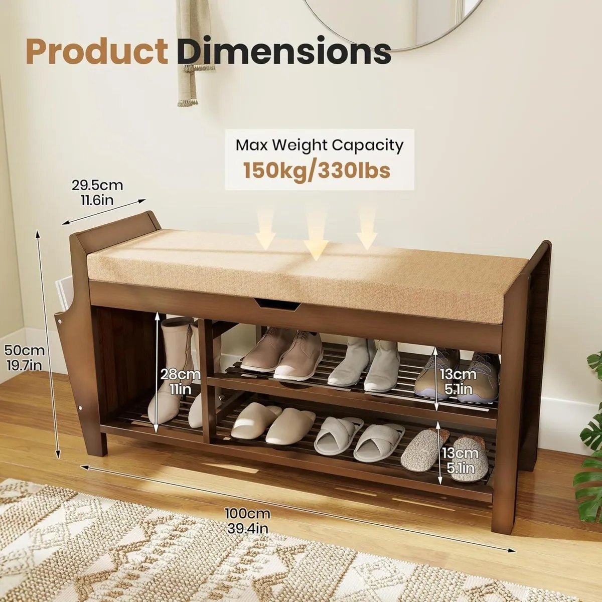 Shoe Storage Bench Bamboo with Padded Seat Cabinet - Image 3
