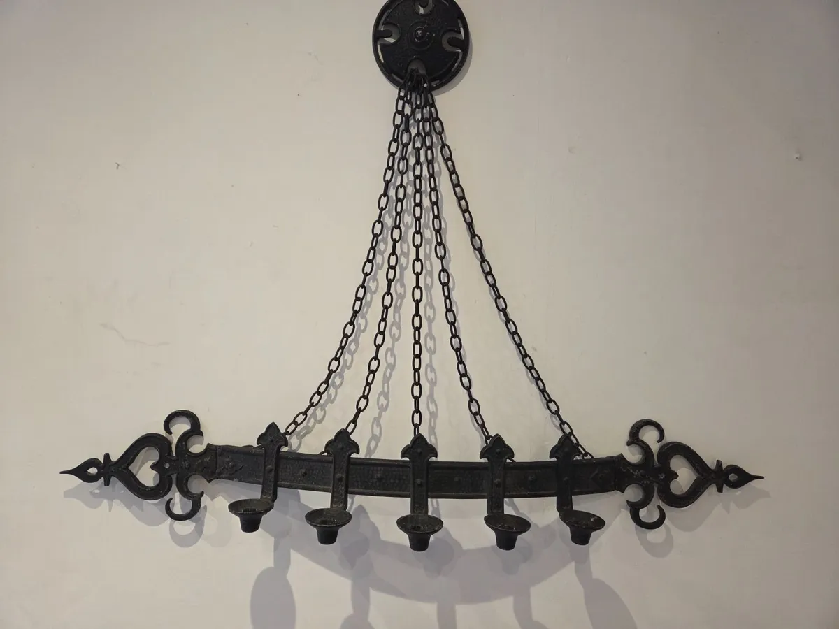 Vintage Wrought Iron Five-Light Hanging Candelabra - Image 1