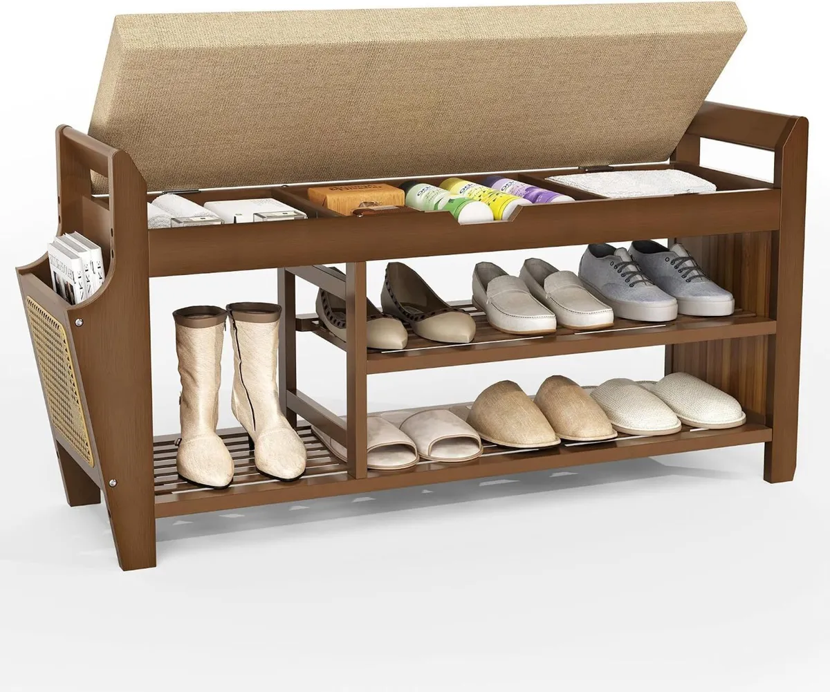 Shoe Storage Bench Bamboo with Padded Seat Cabinet - Image 1