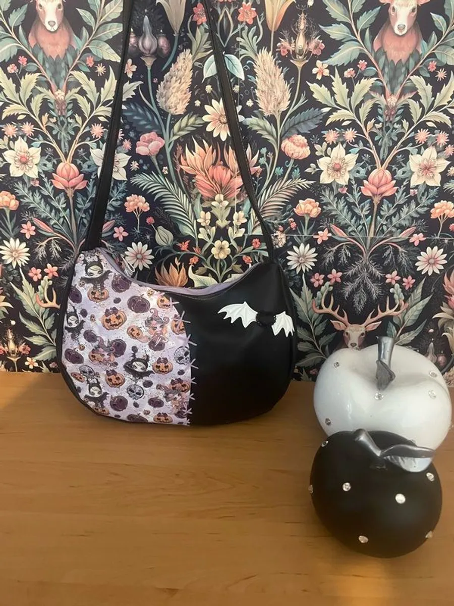 Handmade witch shoulder bag black and lilac - Image 1