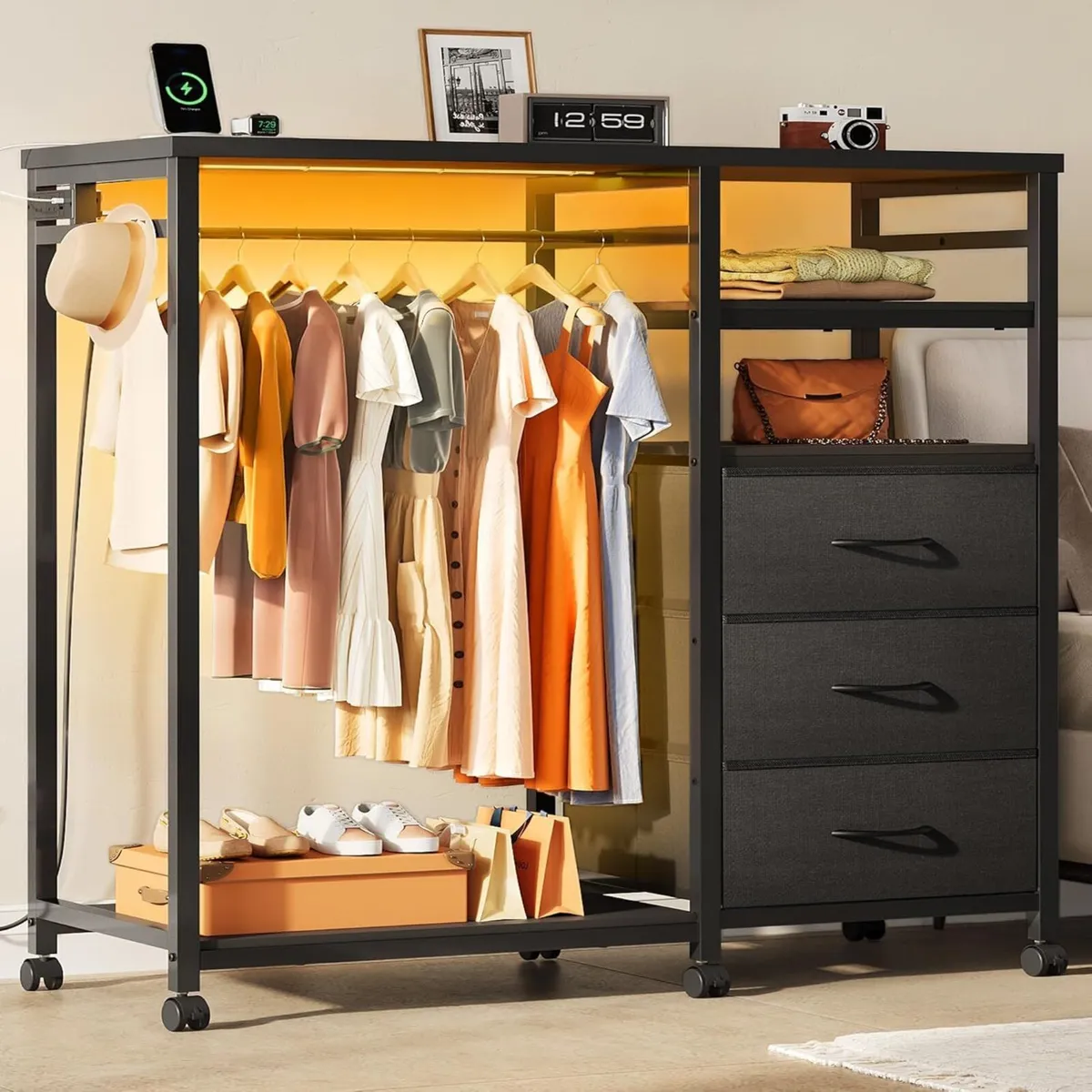 Chest of Drawers with LED Charger Fabric Open - Image 1
