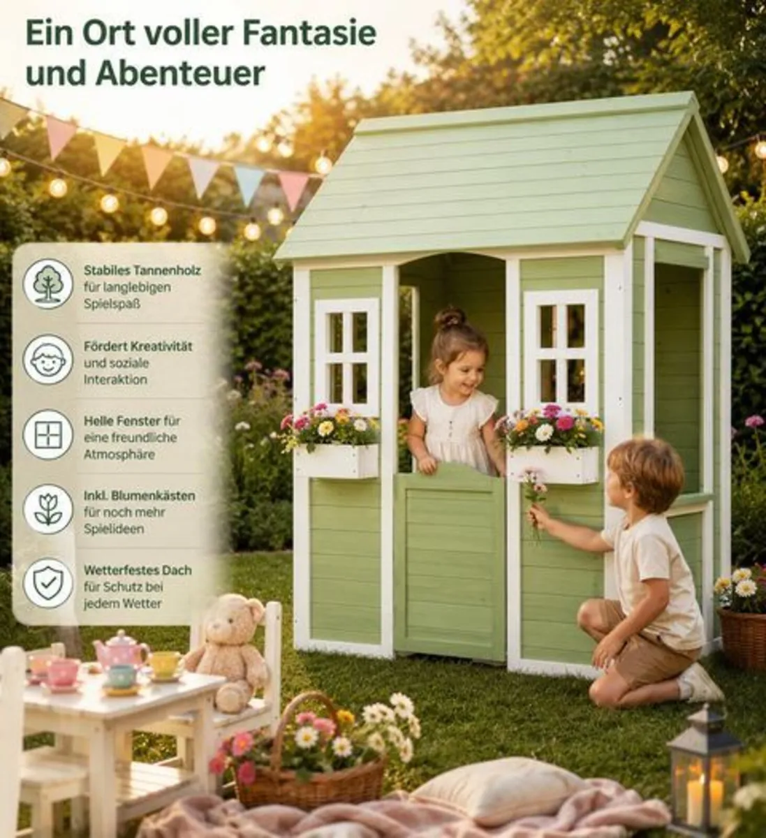 Wooden Kids Garden Playhouse with Planters 144cm O - Image 3