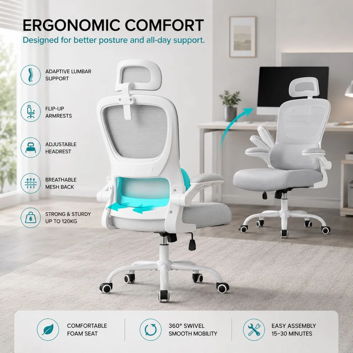 Executive Mesh Office Chair with Headrest & Foldin - Image 1