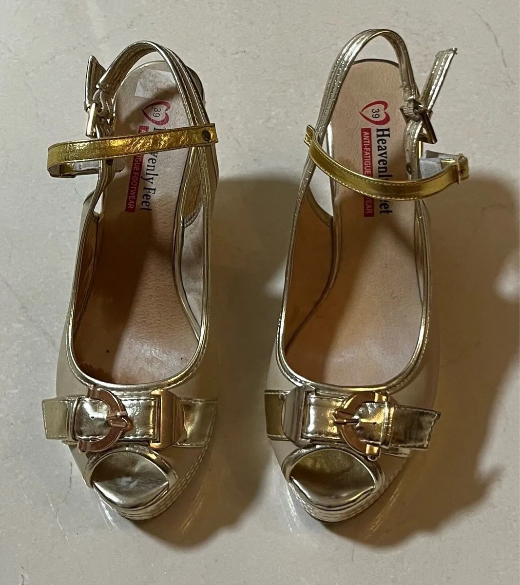 Heavenly Feet Gold Wedge Sandals - Size 6 / 39 - Image 4
