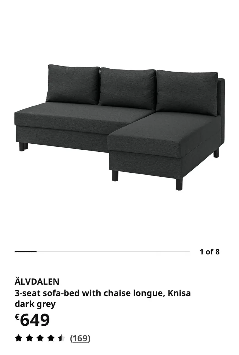 3-seat sofa-bed with chaise lounge dark grey - Image 1