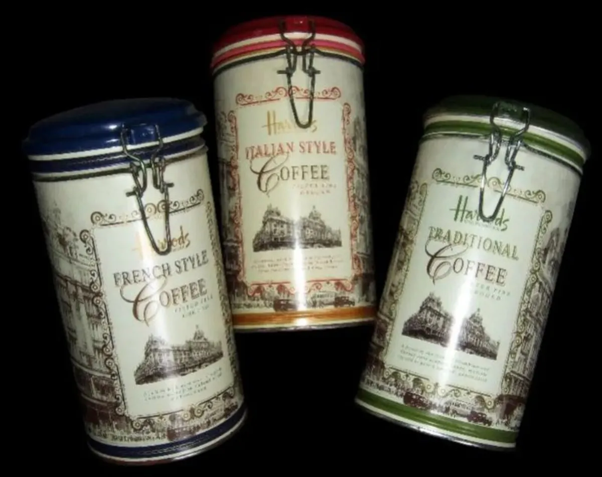 3 Vintage Harrods Coffee Tin Canisters - Image 2