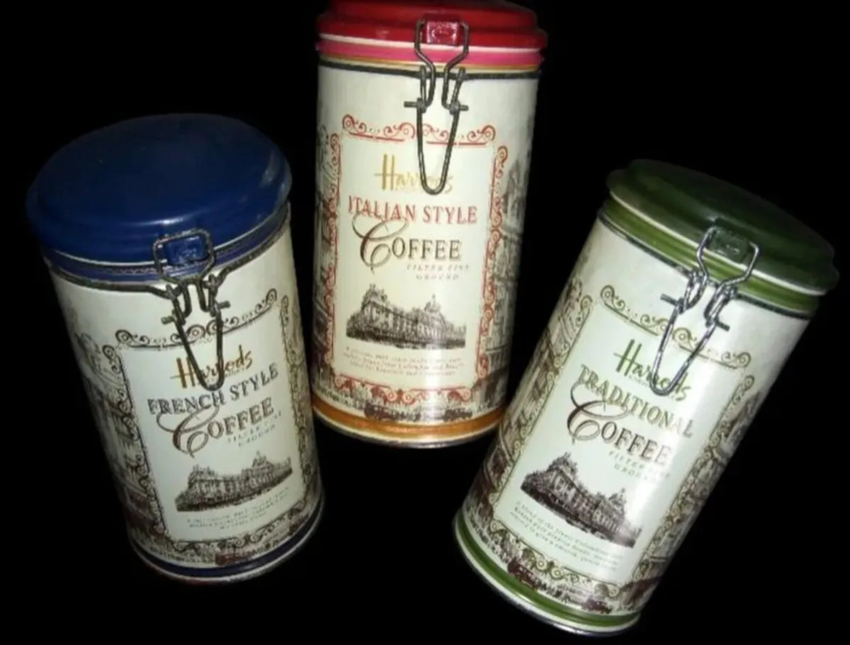 3 Vintage Harrods Coffee Tin Canisters - Image 3