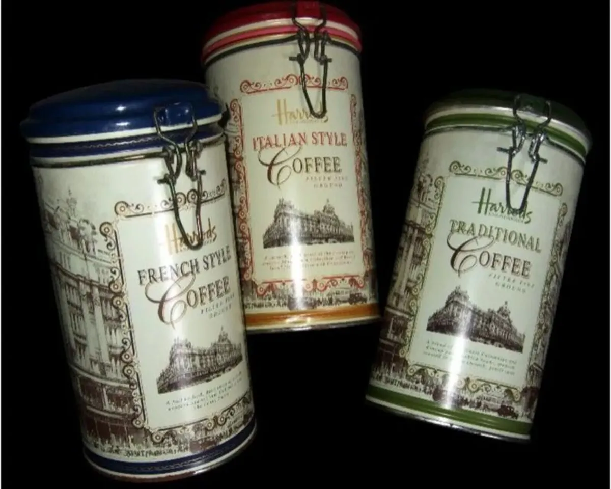 3 Vintage Harrods Coffee Tin Canisters - Image 4